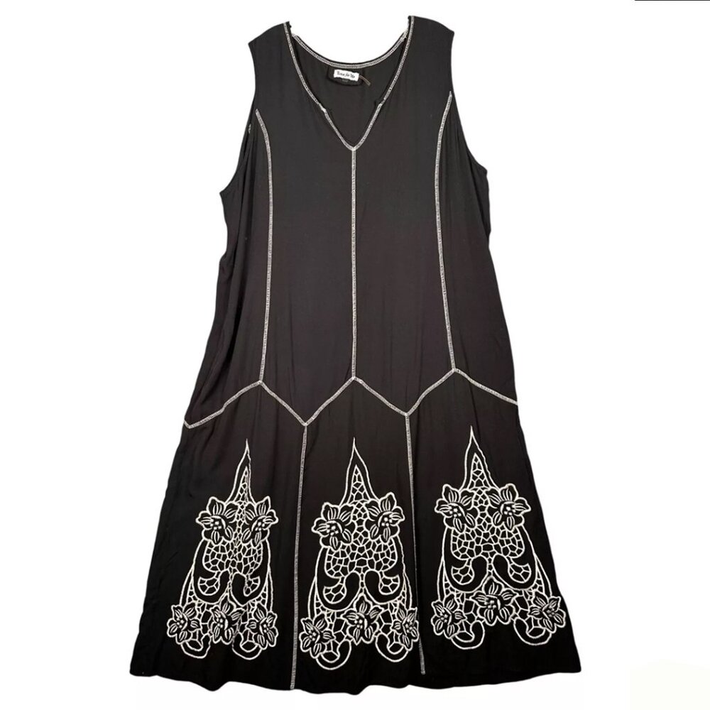 Black Midi Dress 1X with Embroidery - Dress, Swim Coverup